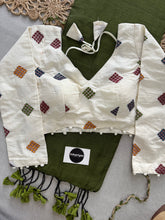 Mehndi Handloom Cotton Saree With Embrodery Work Redy Made Blouse