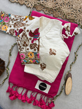 Pink Handloom Cotton Saree With Embrodery Work Redy Made Blouse