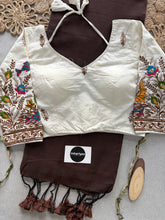 Brown Handloom Cotton Saree With Embrodery Work Redy Made Blouse