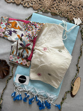 Sky Handloom Cotton Saree With Embrodery Work Redy Made Blouse