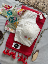 Red Handloom Cotton Saree With Embrodery Work Redy Made Blouse