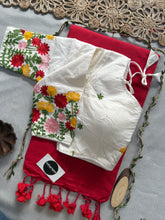 Red Handloom Cotton Saree With Embrodery Work Redy Made Blouse