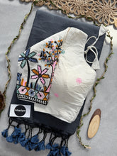 Dark Grey Handloom Cotton Saree With Embrodery Work Redy Made Blouse