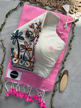 Baby Pink Handloom Cotton Saree With Embrodery Work Redy Made Blouse