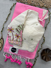 Baby Pink Handloom Cotton Saree With Embrodery Work Redy Made Blouse