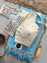 Sky Handloom Cotton Saree With Embrodery Work Redy Made Blouse