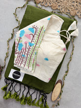 Mehndi Handloom Cotton Saree With Embrodery Work Redy Made Blouse