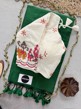 Green Handloom Cotton Saree With Embrodery Work Redy Made Blouse