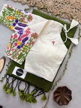 Mehndi Handloom Cotton Saree With Embrodery Work Redy Made Blouse