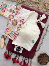 Marun Handloom Cotton Saree With Embrodery Work Redy Made Blouse