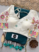 Rama Handloom Cotton Saree With Embrodery Work Redy Made Blouse