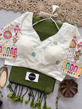 Mehndi Handloom Cotton Saree With Embrodery Work Redy Made Blouse