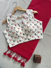 Red Handloom Cotton Saree With Printed Redy Made Blouse