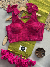 Pista Handloom Tissue Cotton Saree With Embrodery Sequence Work Stitched Blouse