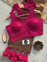 Copper Handloom Tissue Cotton Saree With Embrodery Sequence Work Stitched Blouse