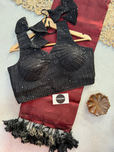 Marun Dual Tone Handloom Tissue Cotton Saree With Embrodery Sequence Work Stitched Blouse