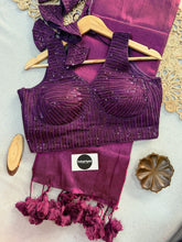 Wine Handloom Tissue Cotton Saree With Embrodery Sequence Work Stitched Blouse