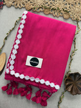 Pink Handloom Khadi Cotton Saree With Flower Designe Lace Border