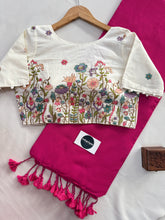 Pink Handloom Cotton Saree With Sequence Embrodery Work Stitched Blouse