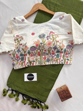 Mehndi Handloom Cotton Saree With Sequence Embrodery Work Stitched Blouse