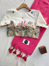 Gajri Handloom Cotton Saree With Sequence Embrodery Work Stitched Blouse