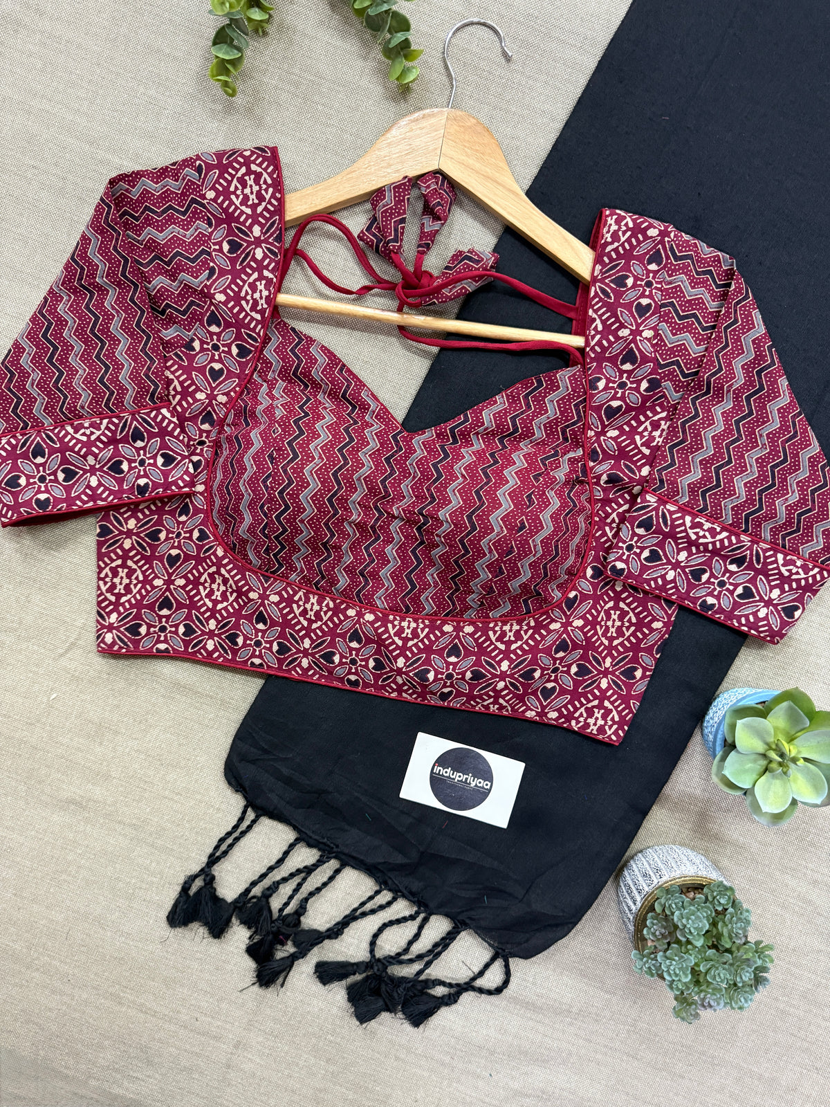 Black Handloom Khadi Cotton Saree With Ajrakh Print Stitched Blouse