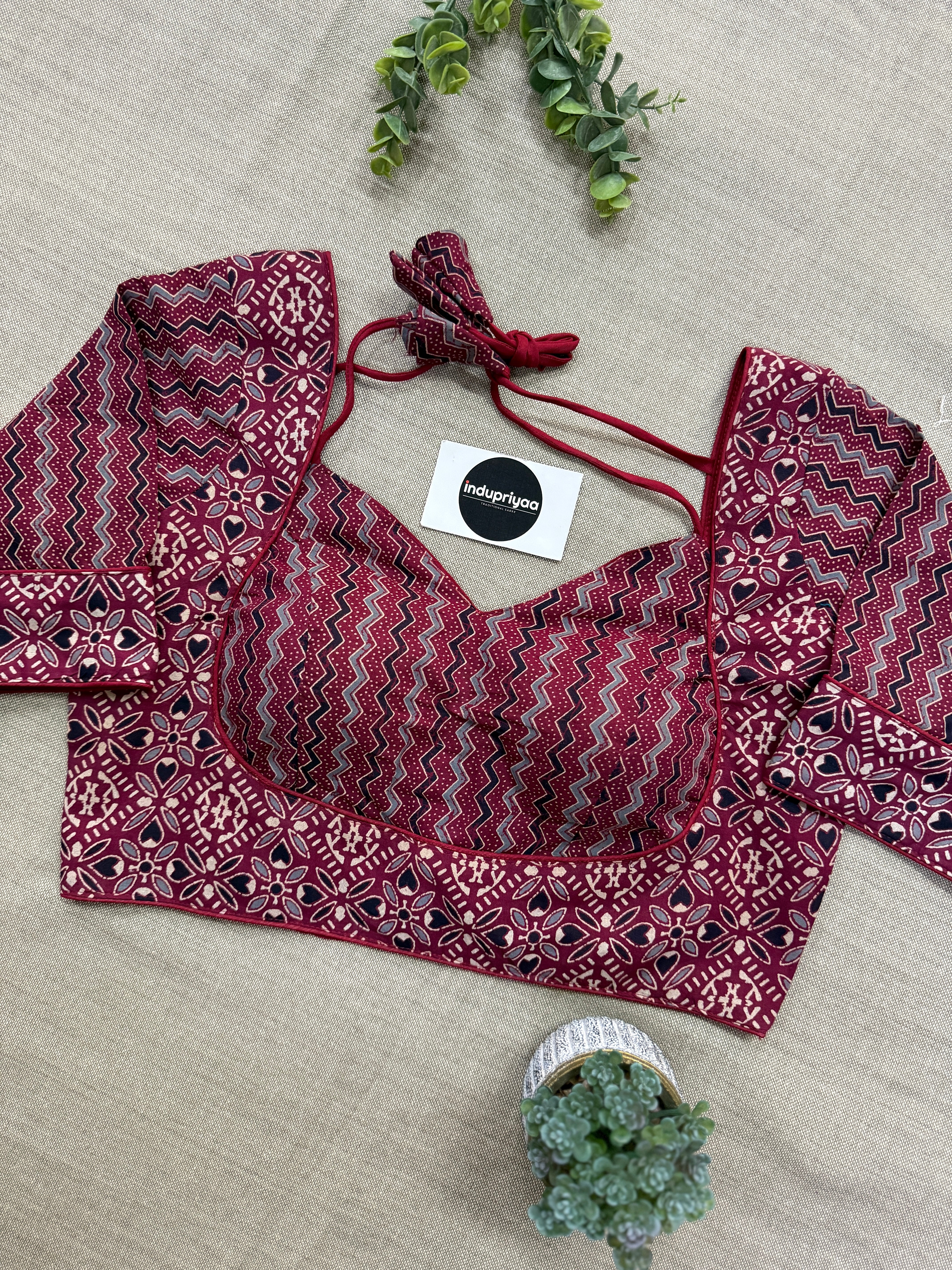 Black Handloom Khadi Cotton Saree With Ajrakh Print Stitched Blouse