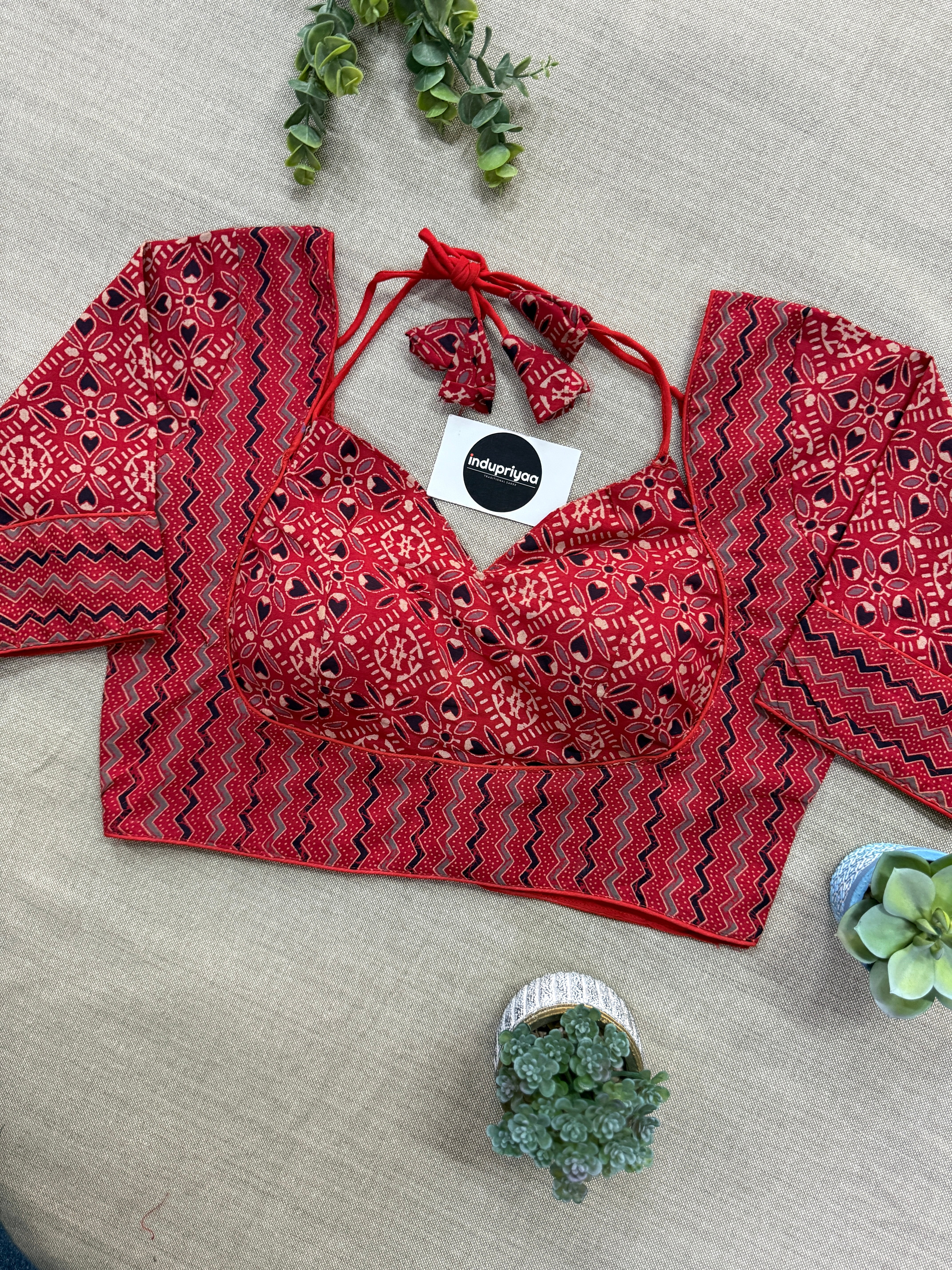 Light Mehndi Handloom Khadi Cotton Saree With Ajrakh Print Stitched Blouse