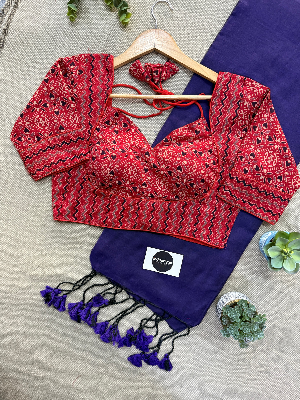 Purple Handloom Khadi Cotton Saree With Ajrakh Print Stitched Blouse