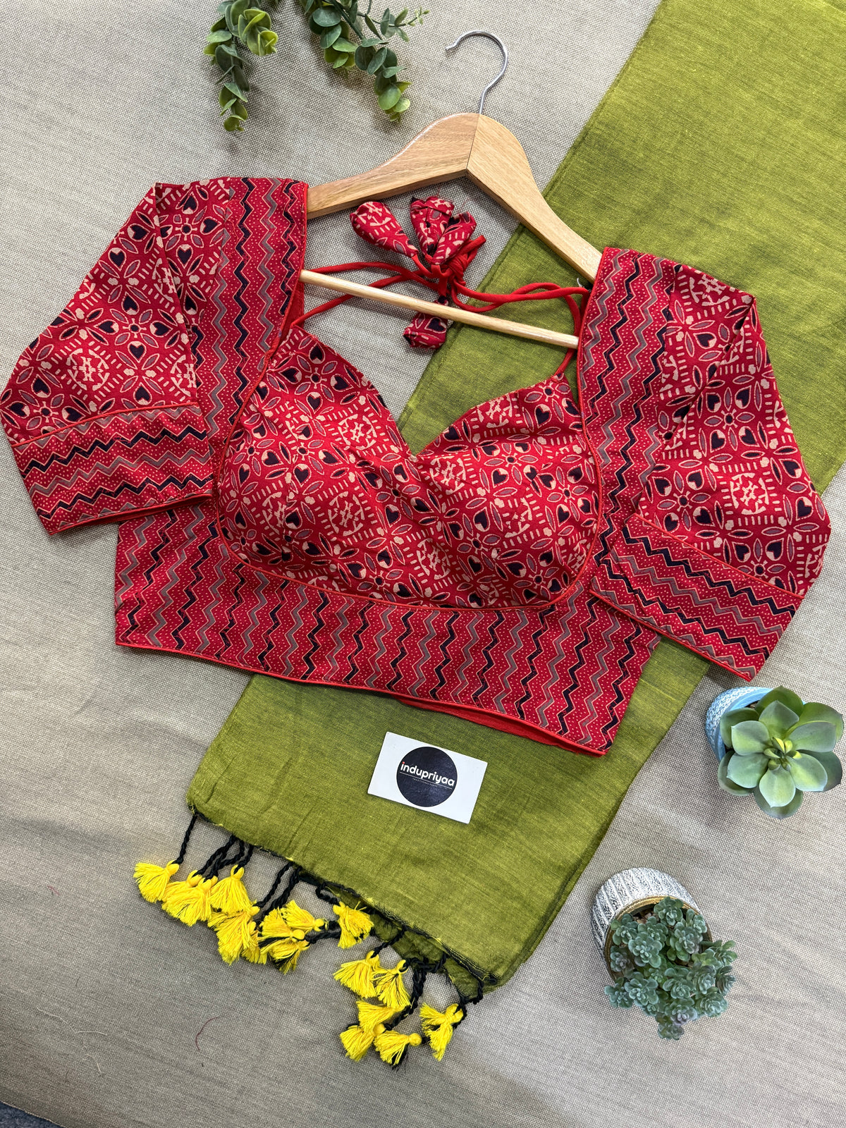 Light Mehndi Handloom Khadi Cotton Saree With Ajrakh Print Stitched Blouse