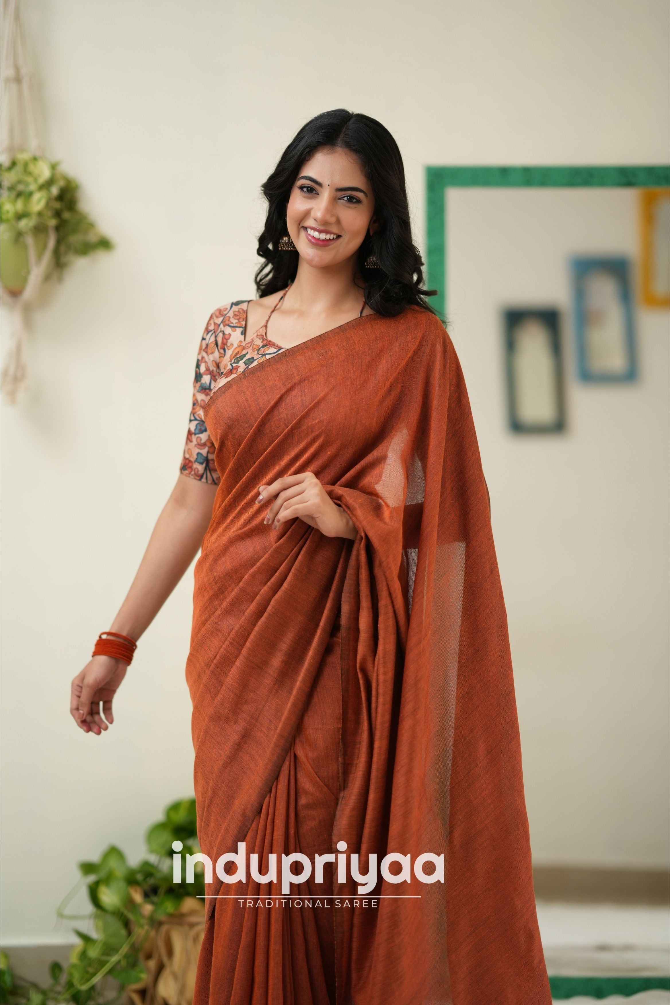 Orange Handloom Khadi Cotton Saree With Pichwai Print Blouse