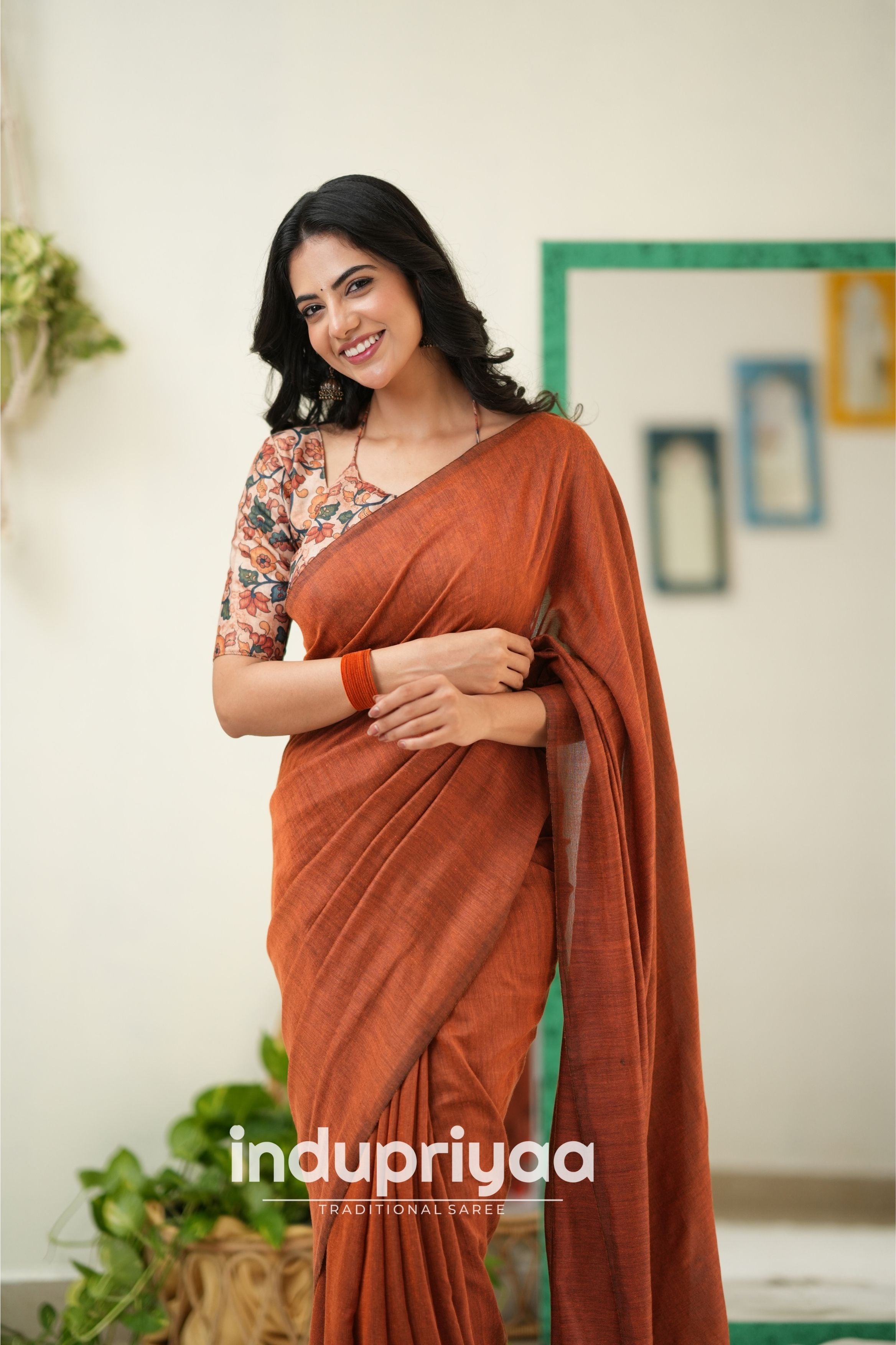 Orange Handloom Khadi Cotton Saree With Pichwai Print Blouse