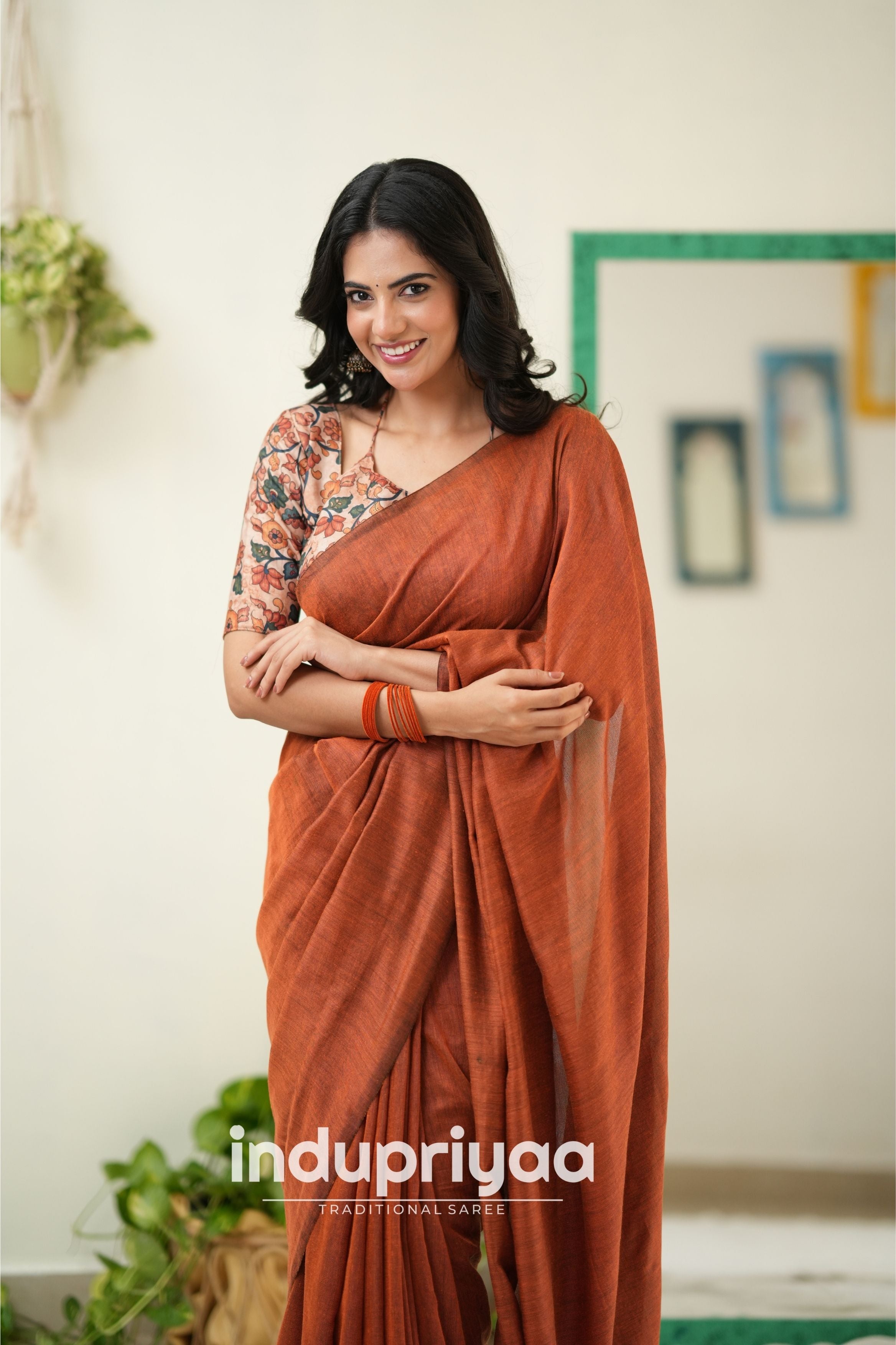 Orange Handloom Khadi Cotton Saree With Pichwai Print Blouse