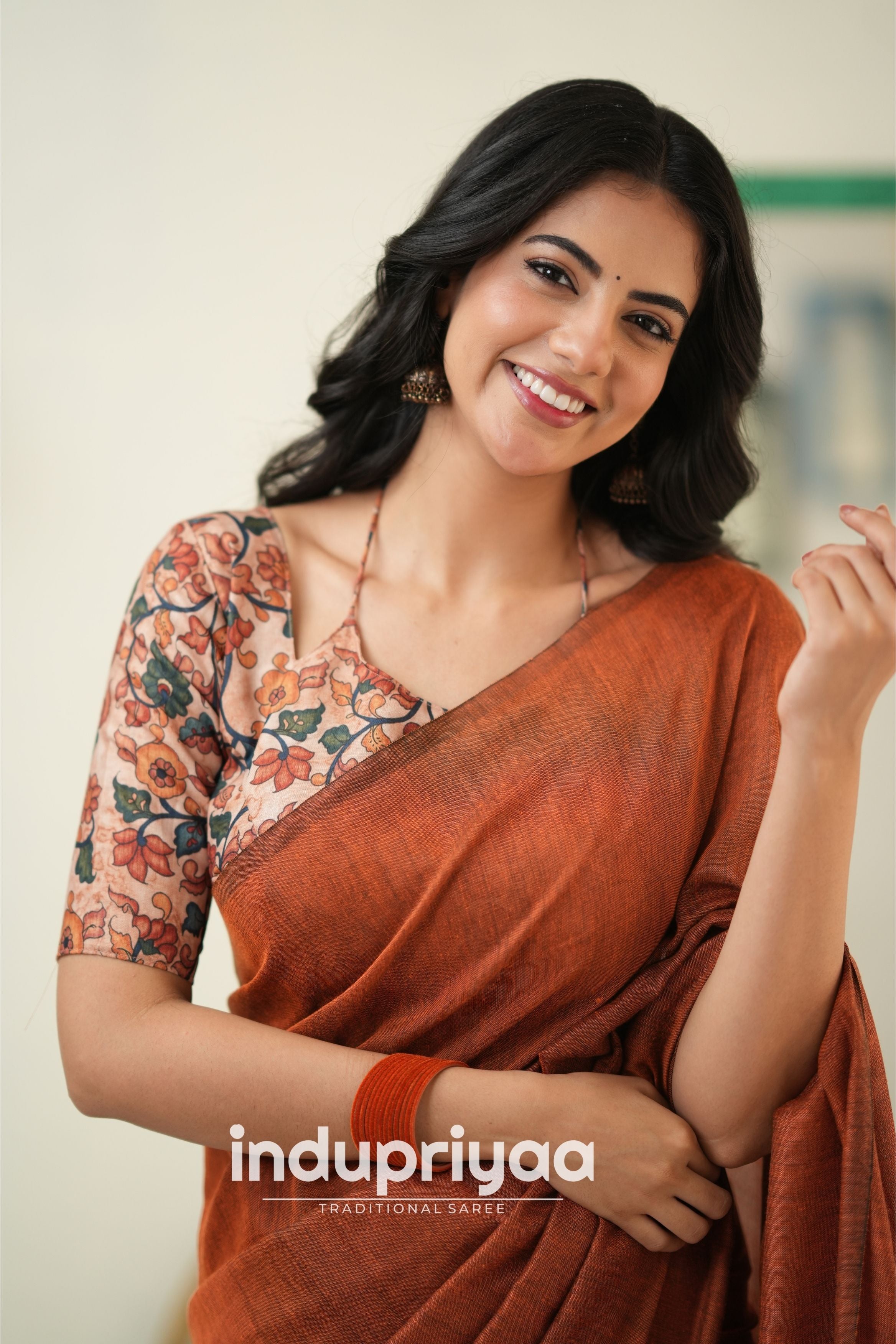 Orange Handloom Khadi Cotton Saree With Pichwai Print Blouse