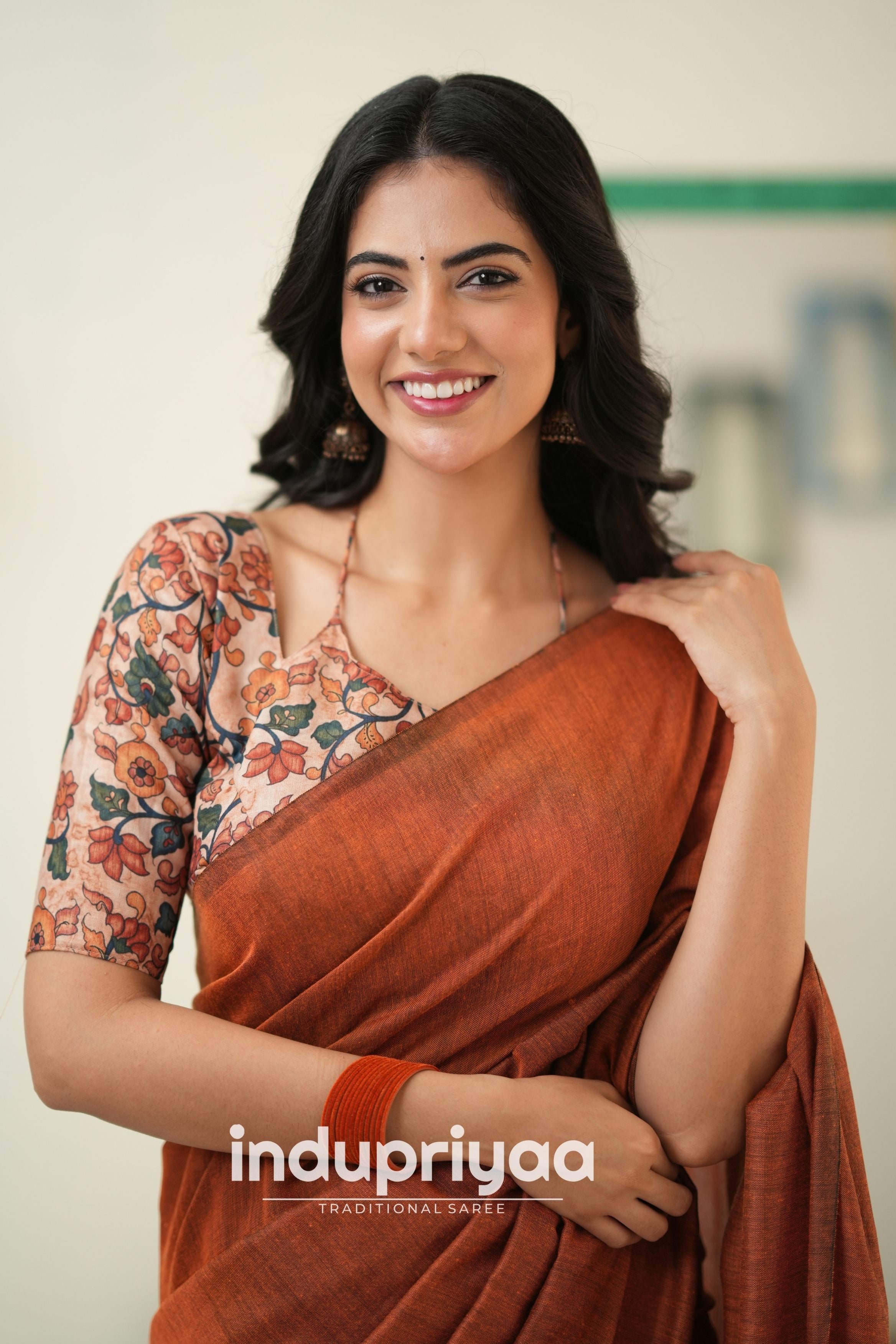 Orange Handloom Khadi Cotton Saree With Pichwai Print Blouse