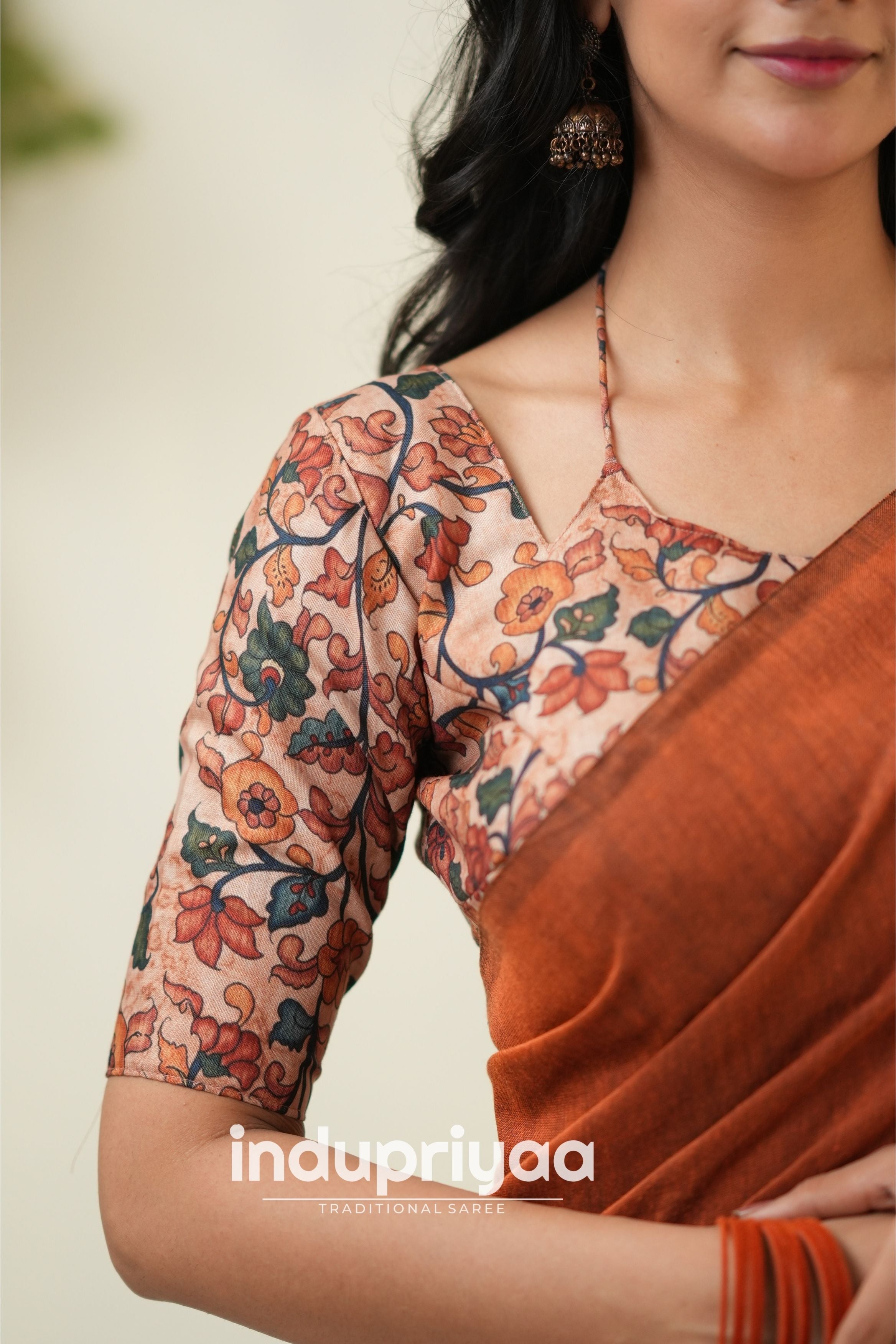 Orange Handloom Khadi Cotton Saree With Pichwai Print Blouse