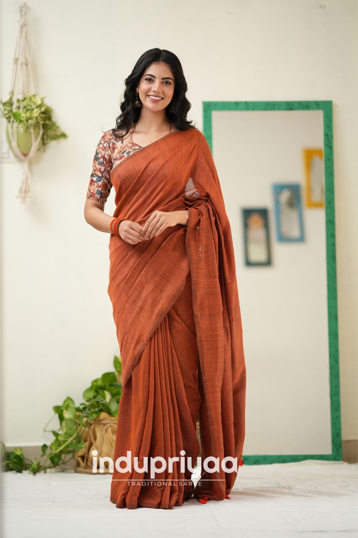 Orange Handloom Khadi Cotton Saree With Pichwai Print Blouse
