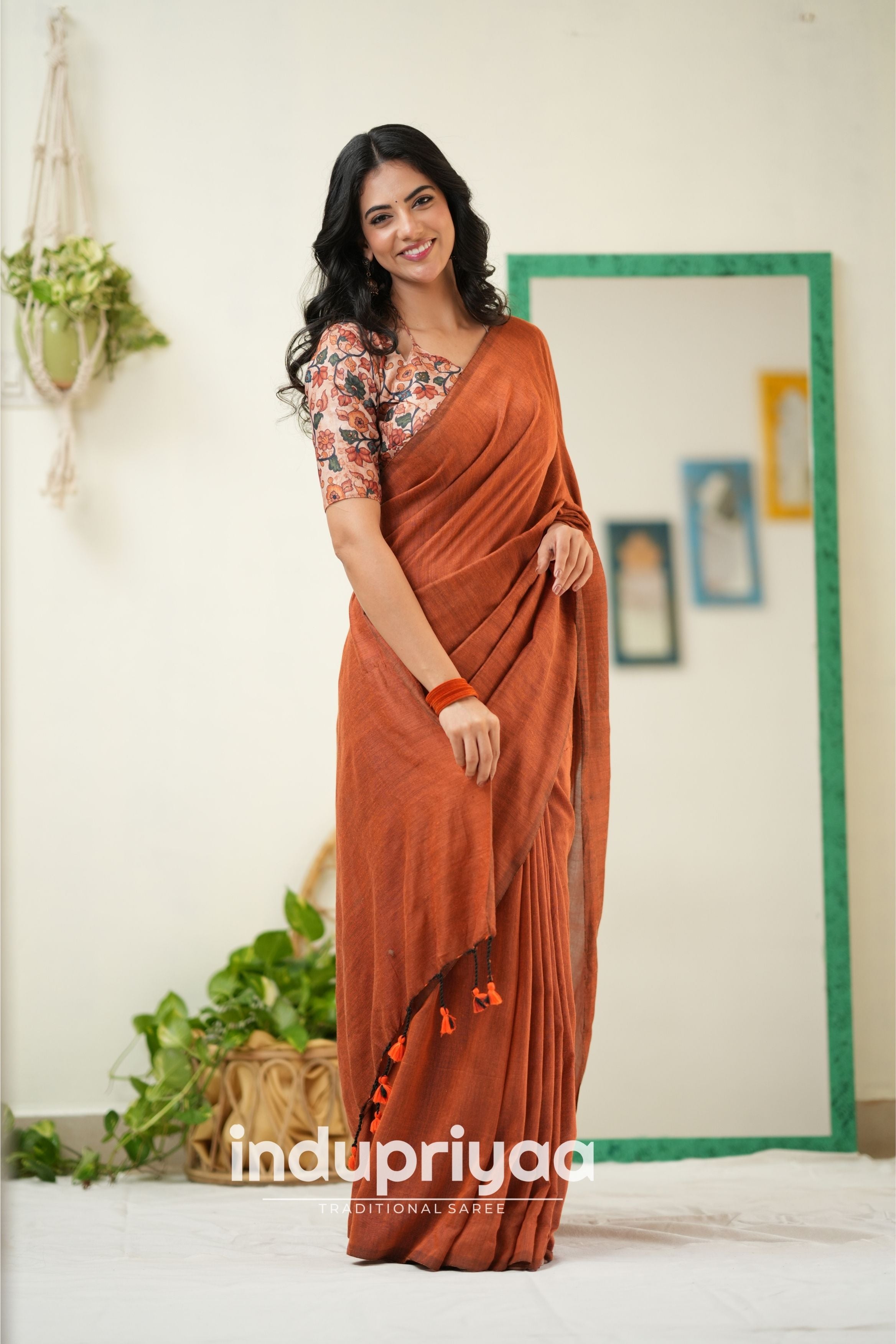 Orange Handloom Khadi Cotton Saree With Pichwai Print Blouse