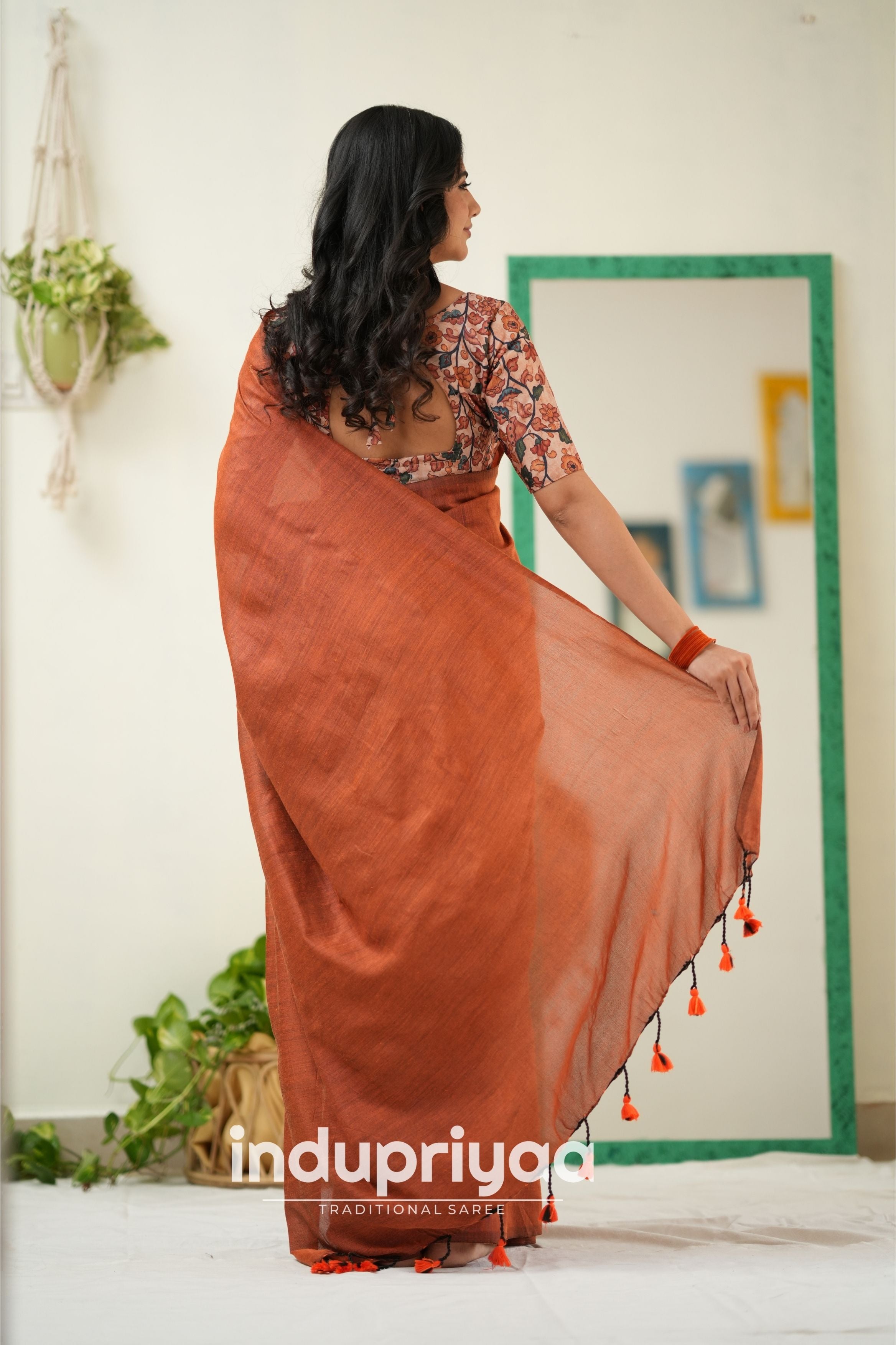 Orange Handloom Khadi Cotton Saree With Pichwai Print Blouse