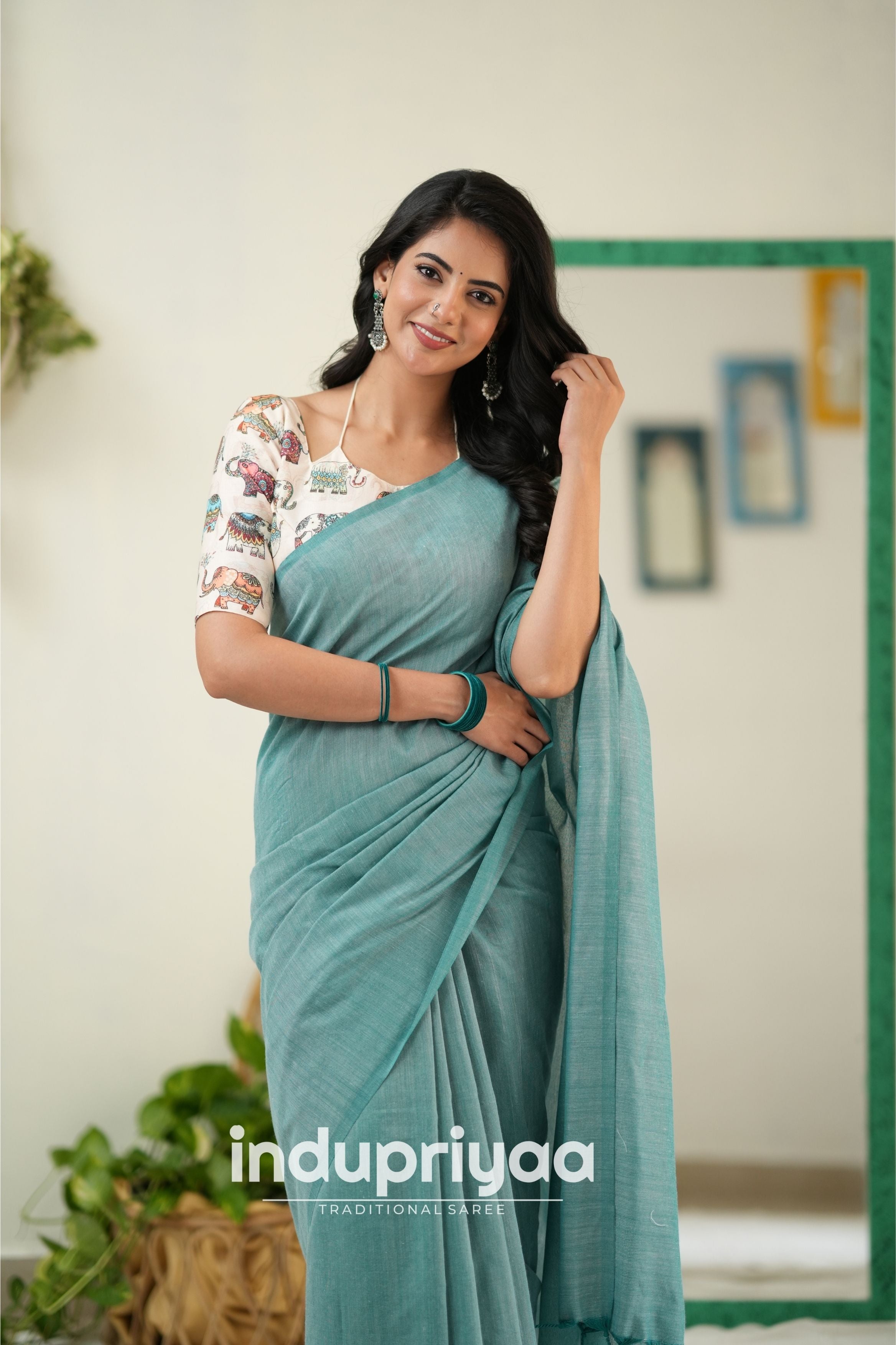 C Green Handloom Khadi Cotton Saree With Elephant Print Blouse