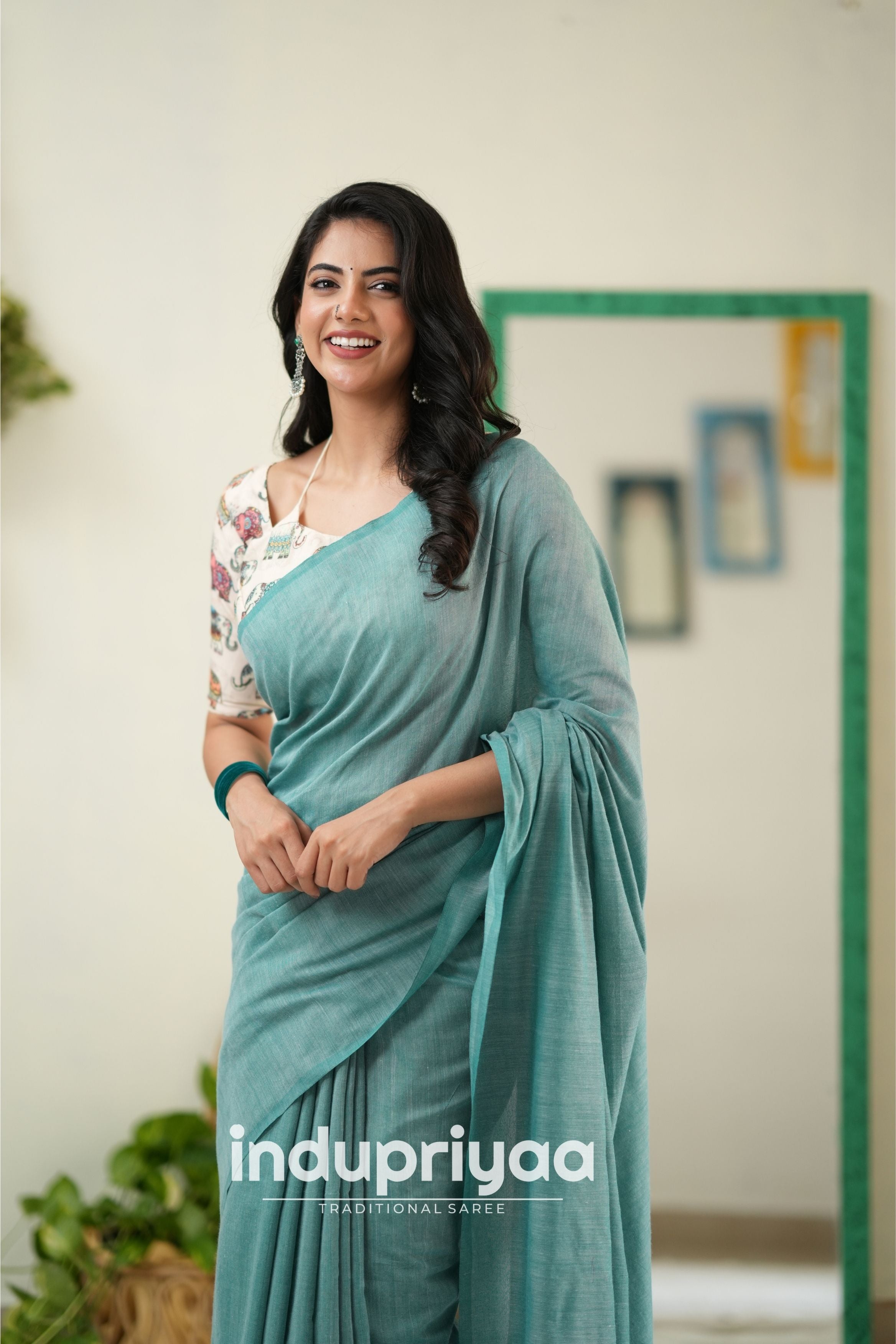 C Green Handloom Khadi Cotton Saree With Elephant Print Blouse