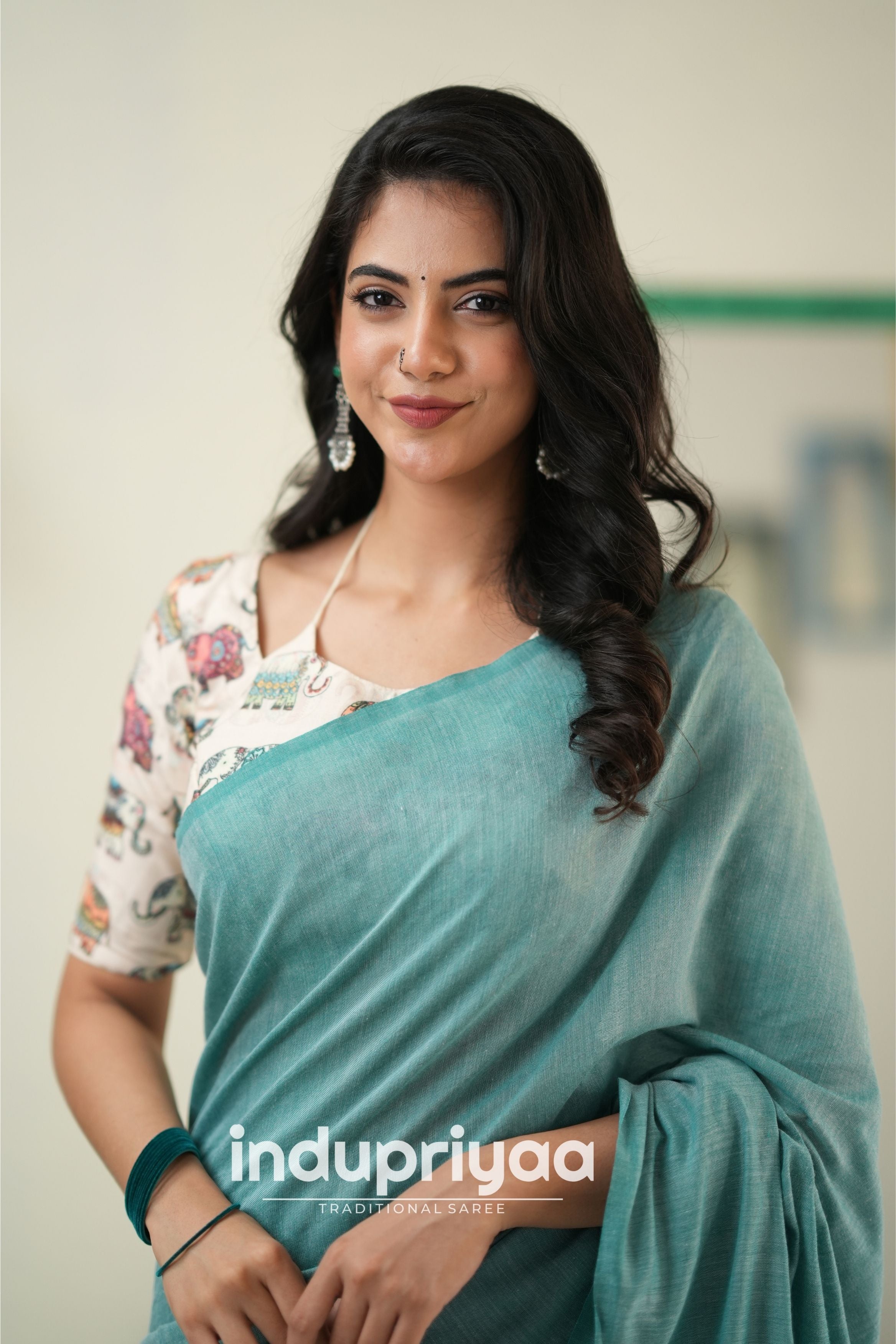 C Green Handloom Khadi Cotton Saree With Elephant Print Blouse