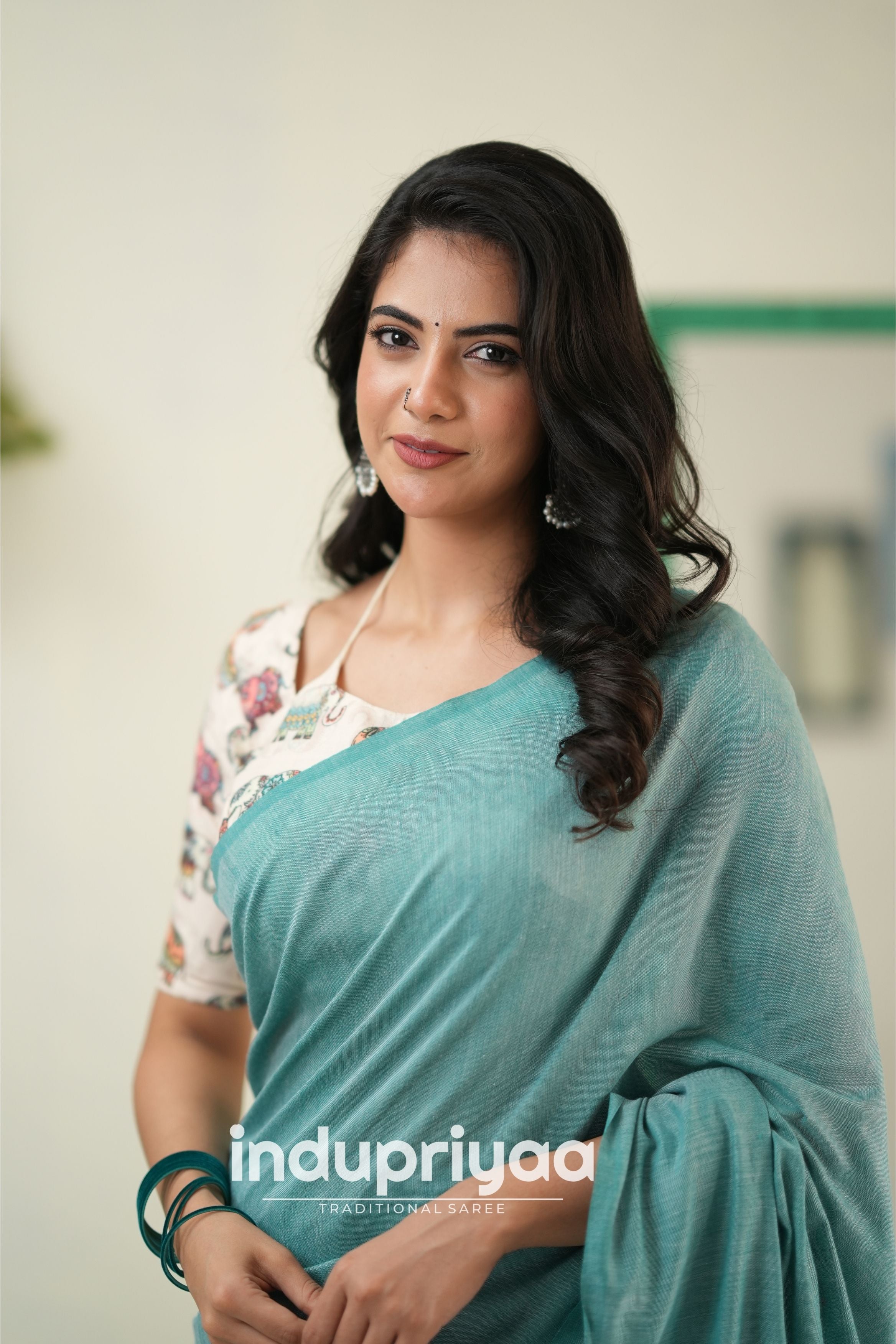 C Green Handloom Khadi Cotton Saree With Elephant Print Blouse