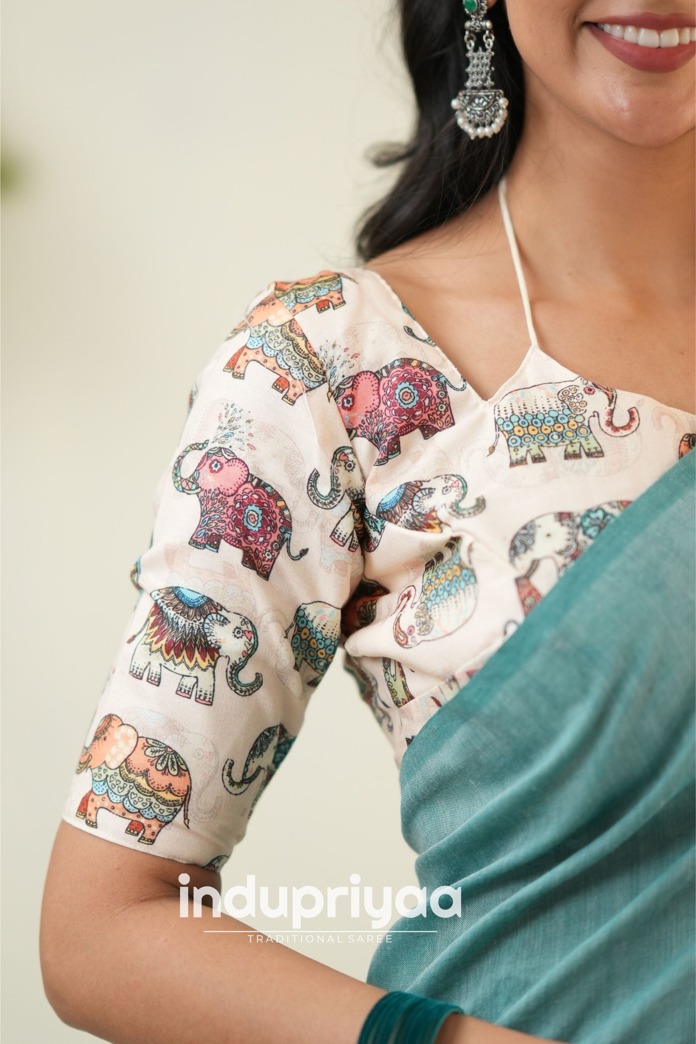 C Green Handloom Khadi Cotton Saree With Elephant Print Blouse