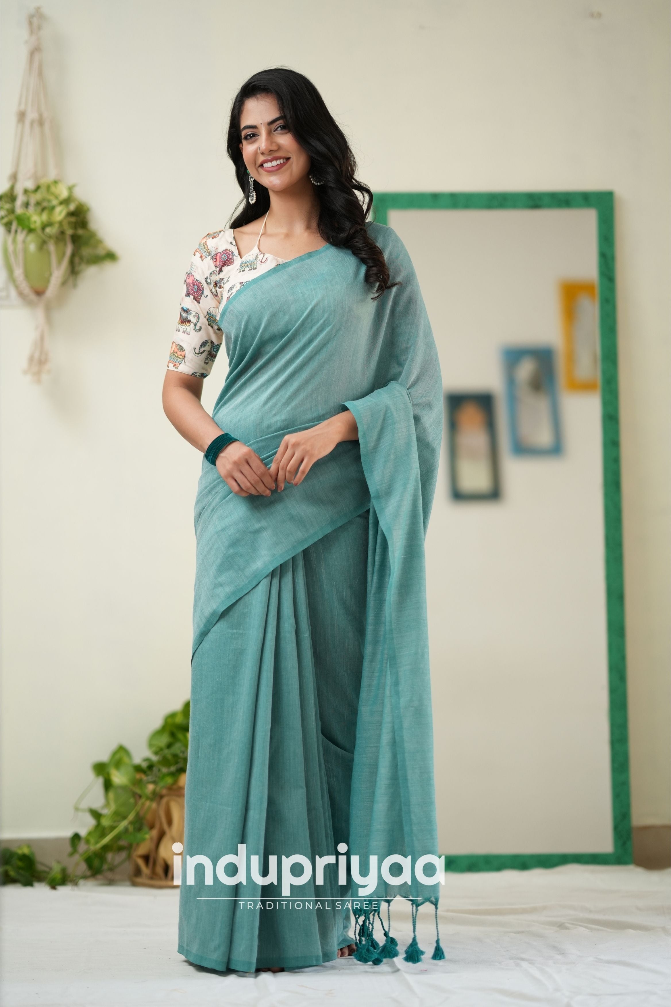 C Green Handloom Khadi Cotton Saree With Elephant Print Blouse