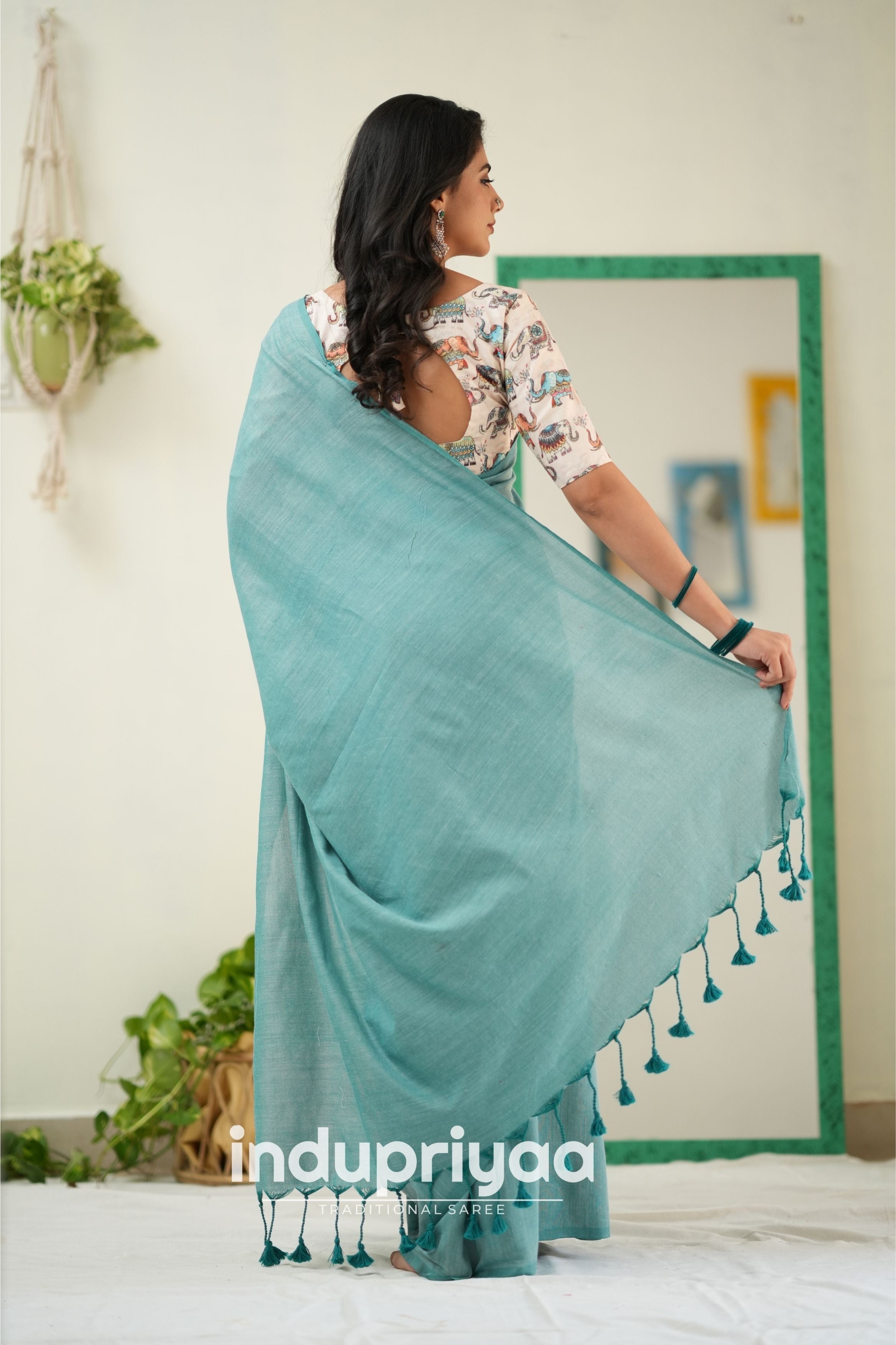 C Green Handloom Khadi Cotton Saree With Elephant Print Blouse