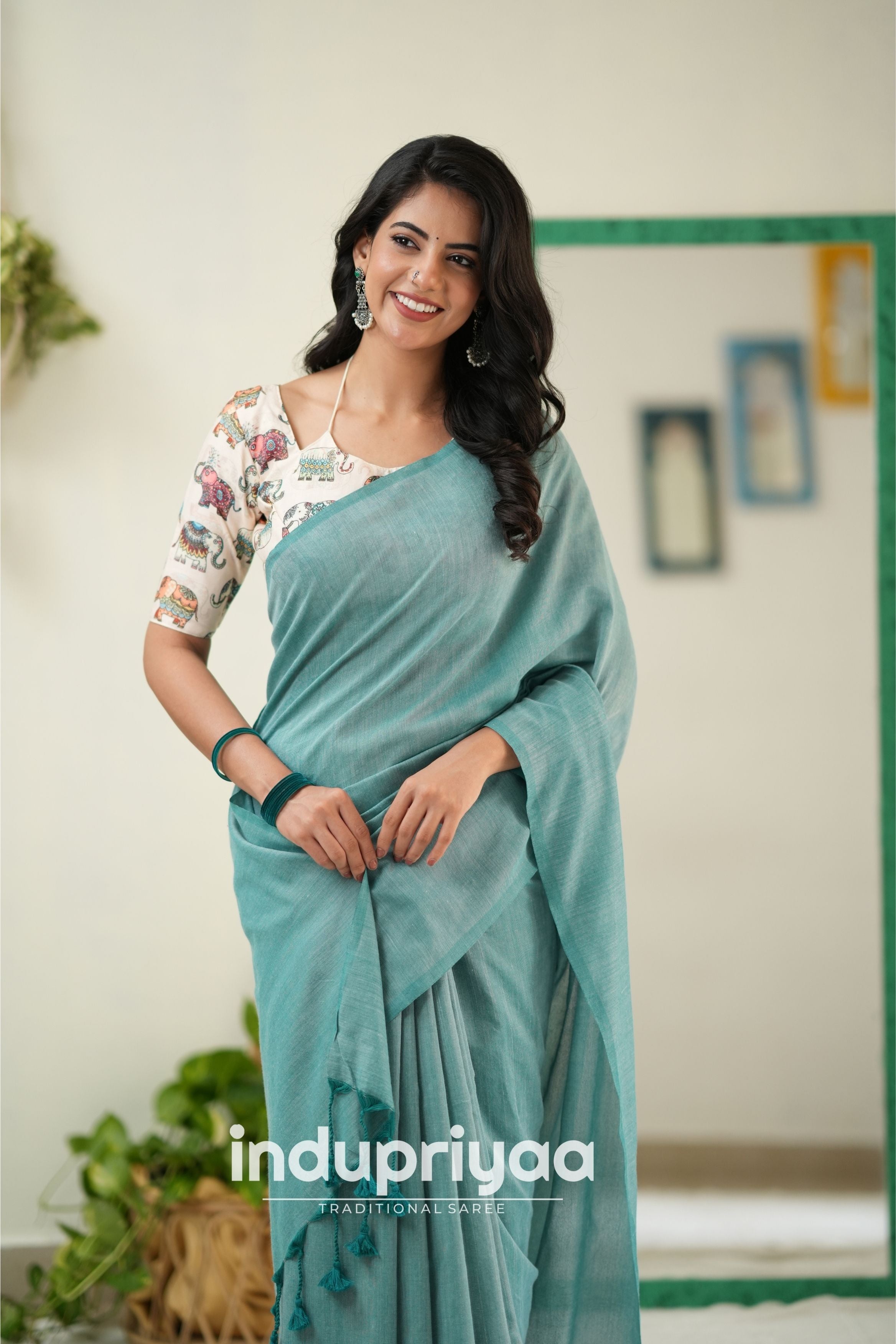 C Green Handloom Khadi Cotton Saree With Elephant Print Blouse