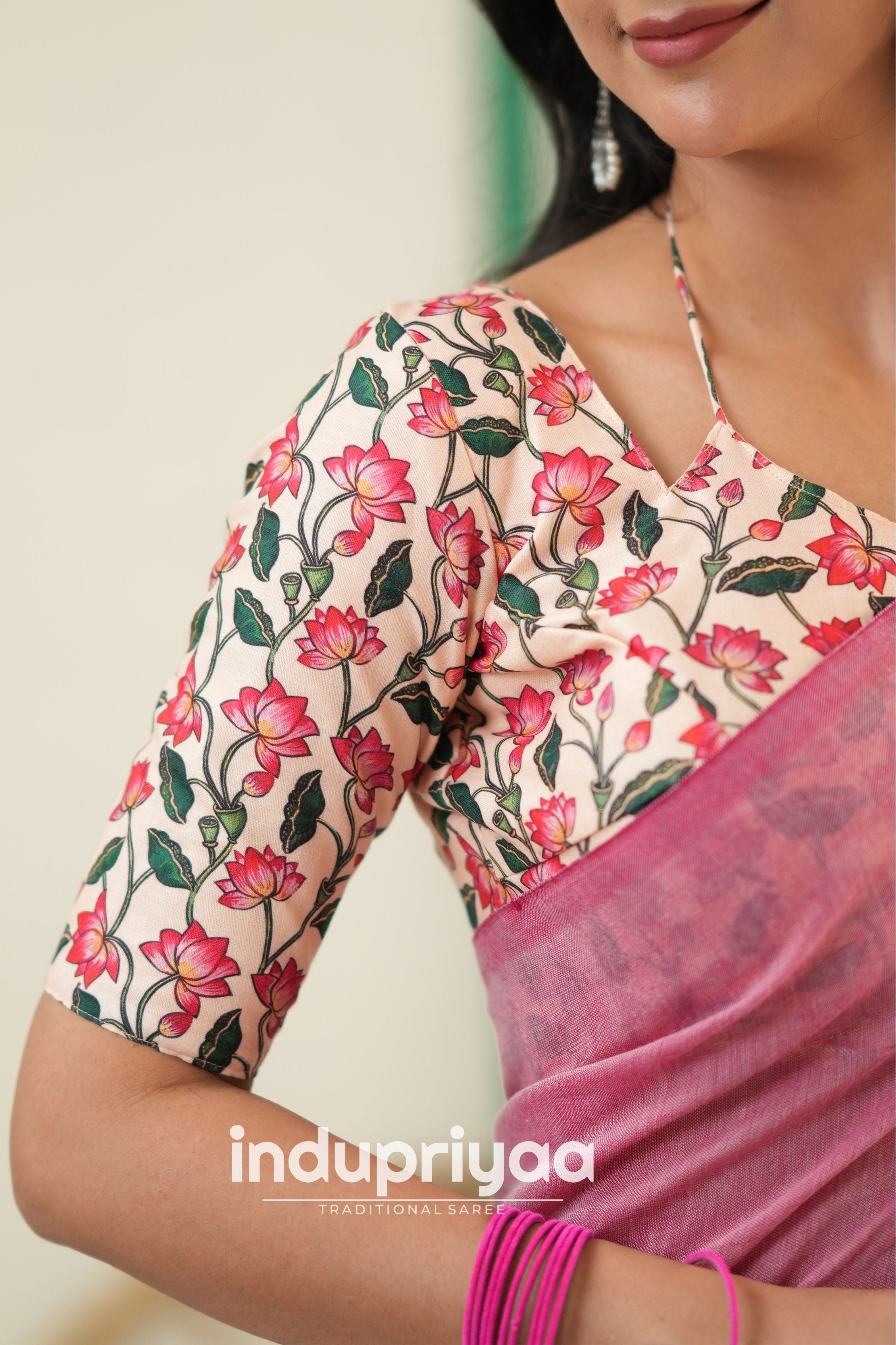Light Pink  Handloom Khadi Cotton Saree With Pichwai Print Blouse