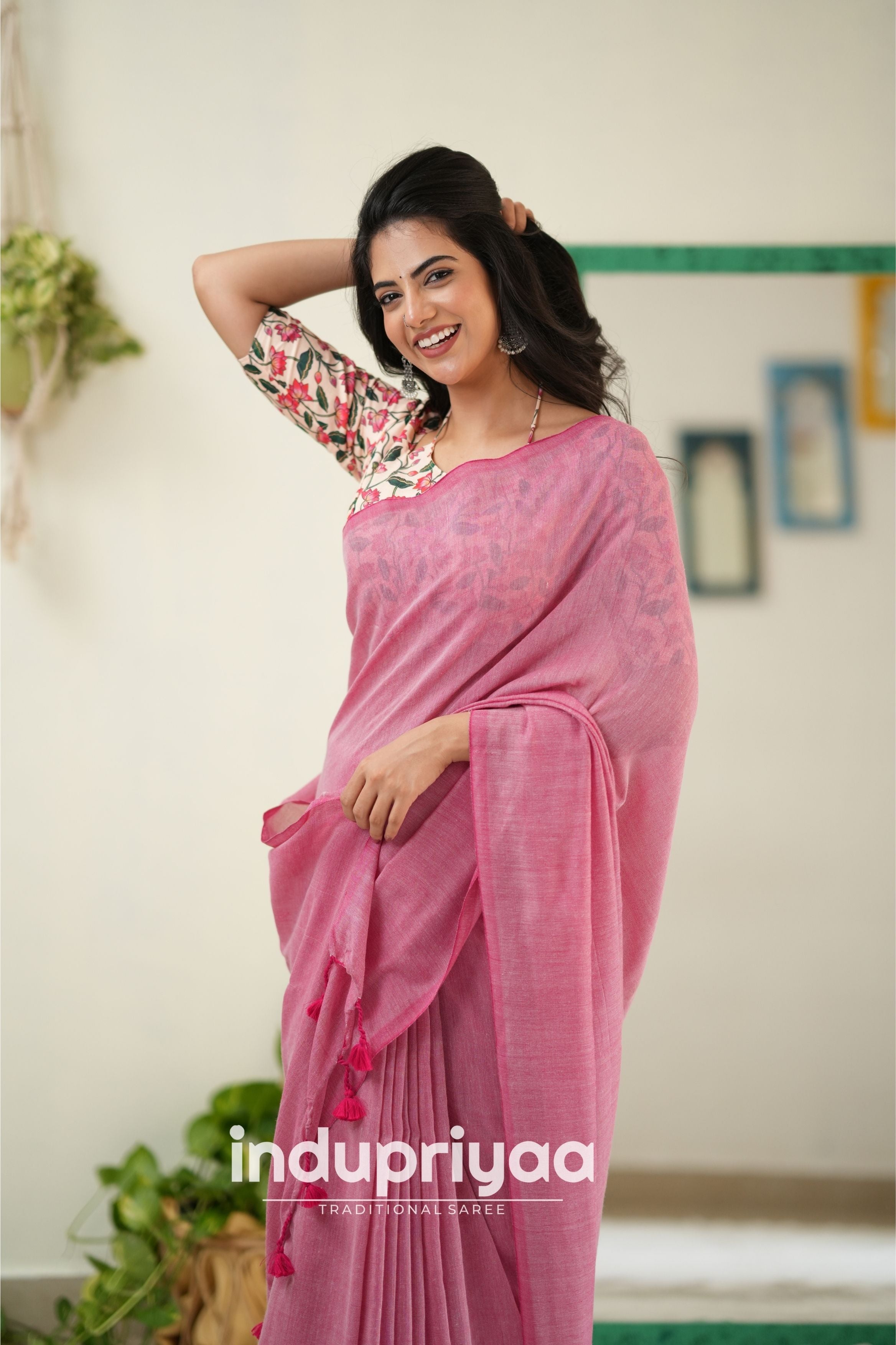 Light Pink  Handloom Khadi Cotton Saree With Pichwai Print Blouse