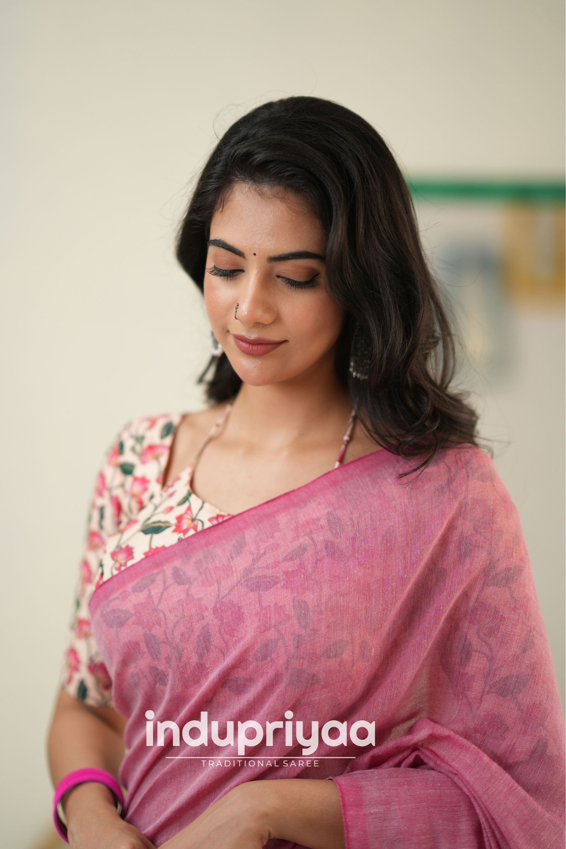Light Pink  Handloom Khadi Cotton Saree With Pichwai Print Blouse